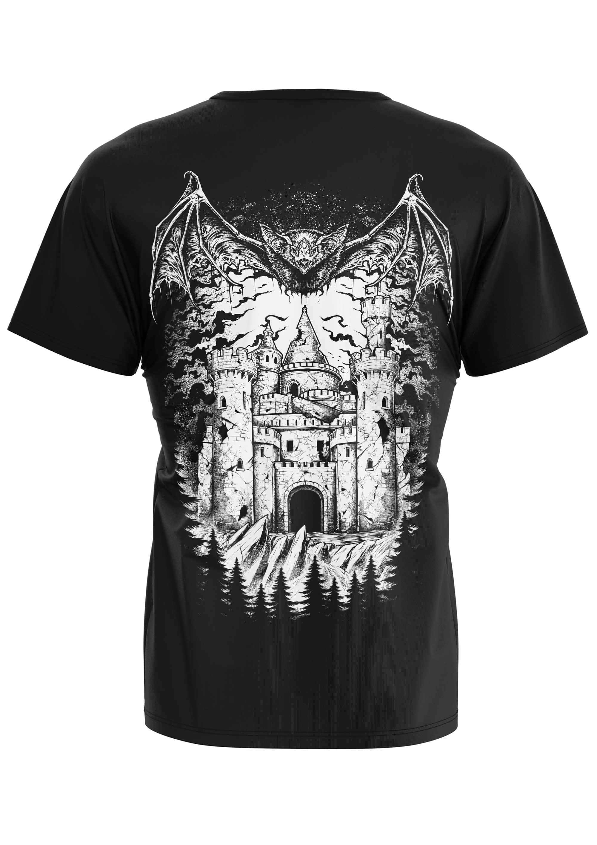 Schwarzes gothic t-shirt mit detailed black-and-white backprint eines vampirschlosses mit fledermäusen und eule